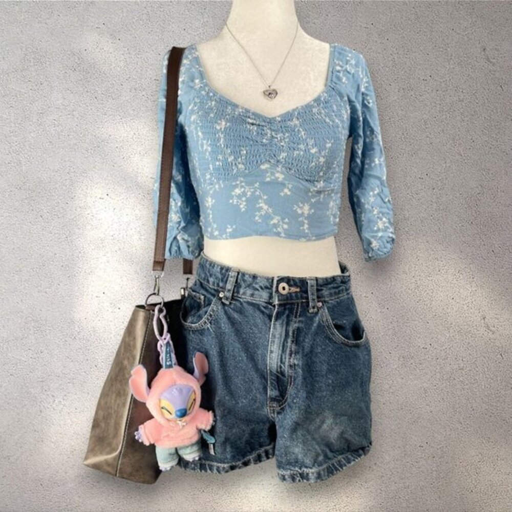 PacSun Lottie Moss Women’s S Blue Floral Smocked Peasant Crop Top Romanticcore